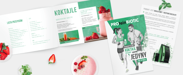 broszura i katalog firmy Proteinbiotic, w tle truskawki