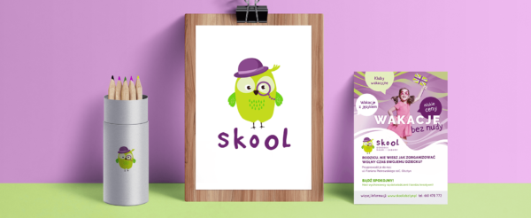 prezentacja logo i ulotki ośrodka nauki i zabawy Skool