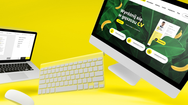 lewitujący monitor, laptop, klawiatura i mysz ze stroną internetową bananacv.com