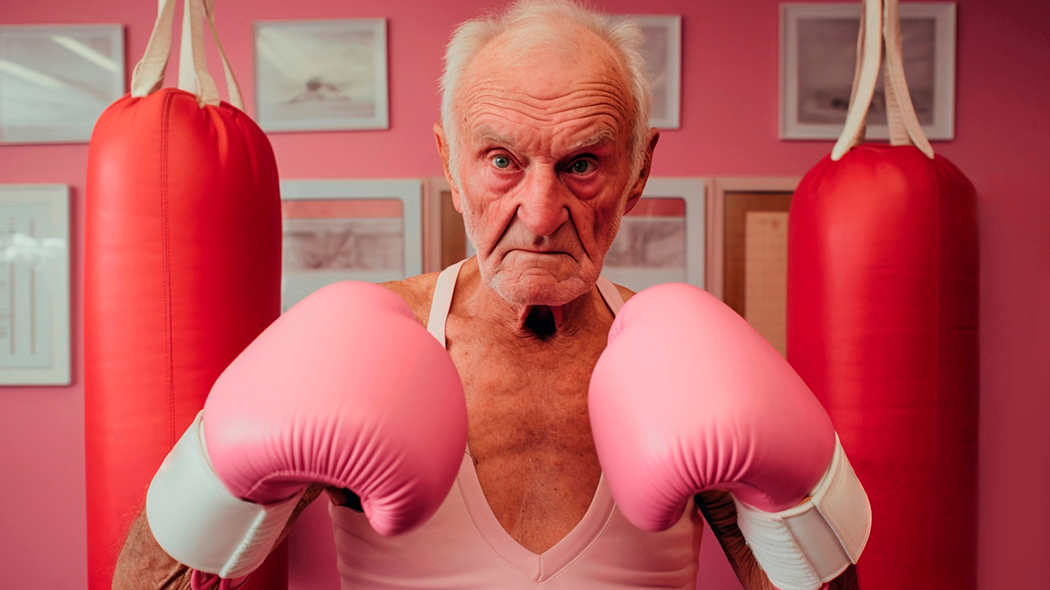 starszy mężczyzna trenuje boks w różowych rękawicach