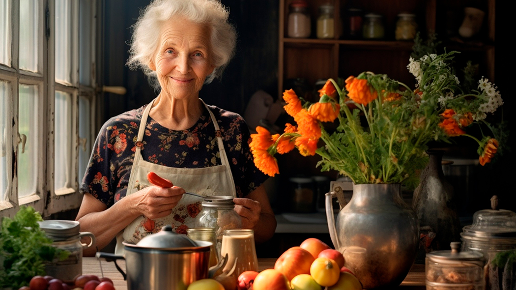 starsza kobieta pracuje w kuchni i się uśmiecha