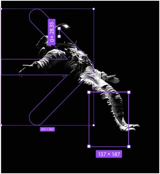 Astronauta w skafandrze unosi się w ciemnej przestrzeni kosmicznej, z nałożonymi fioletowymi geometrycznymi liniami, ramkami i strzłką