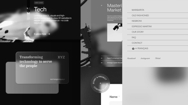 Kolaż różnych stron internetowych wykorzystujących efekt glassmorfizmu