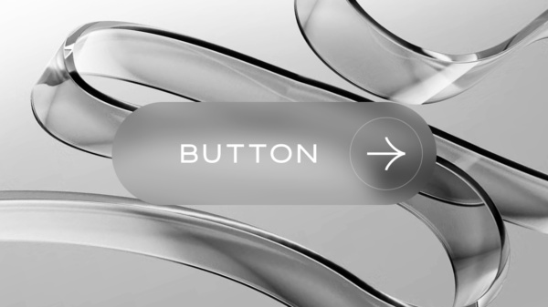 Przycisk w stylu glassmorfizmu z napisem 'BUTTON' i strzałką, na tle abstrakcyjnych, przezroczystych kształtów przypominających szkło