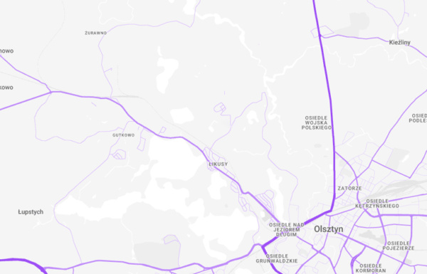 Mapa z zaznaczonymi obszarami i drogami Olsztyna