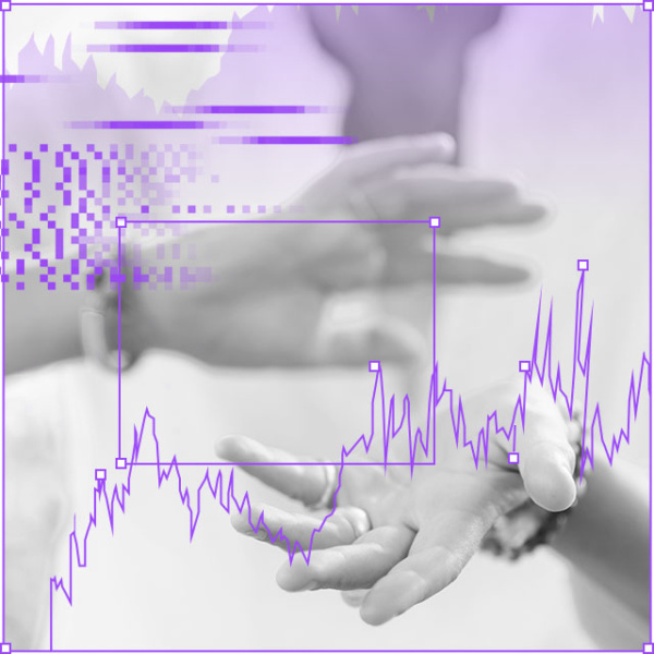 Para otwartych dłoni na rozmytym tle, z nałożonymi fioletowymi wykresami liniowymi i pikselowymi elementami cyfrowymi, symbolizującymi analizę danych lub technologię.