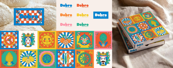 Kolorowa identyfikacja wizualna marki „Dobro Pizza Project” z ilustracjami inspirowanymi włoską kulturą i opakowaniem pizzy ozdobionym graficznymi kaflami