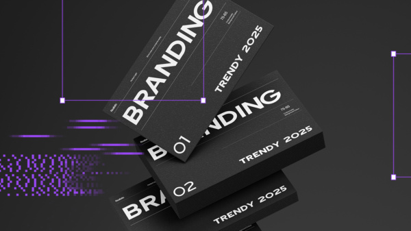 Nowoczesna grafika przedstawiająca czarne karty z napisem „Branding – Trendy 2025” na ciemnym tle z fioletowymi akcentami cyfrowymi.