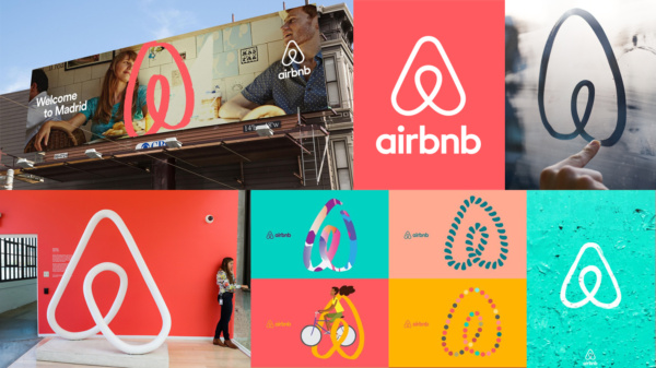 Różne wariacje i zastosowania logo Airbnb w różnych kontekstach, od billboardu po grafikę ścienną i kolorowe ilustracje.