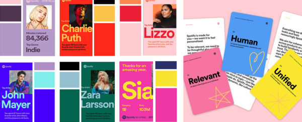 Kolorowa identyfikacja wizualna Spotify z grafikami artystów, zasadami projektowymi i dynamiczną typografią