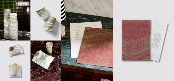 Elegancka identyfikacja wizualna kawiarni z organicznymi wzorami na opakowaniach, kubkach, menu i materiałach drukowanych