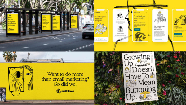 Kampania reklamowa Mailchimp z żółtym tłem, czarną czcionką i zabawnymi, ręcznie rysowanymi ilustracjami, widoczna na plakatach, billboardach i ekranach telefonów
