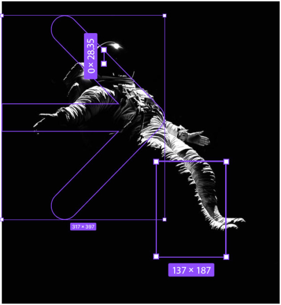 Astronauta w skafandrze unosi się w ciemnej przestrzeni kosmicznej, z nałożonymi fioletowymi geometrycznymi liniami, ramkami i strzłką