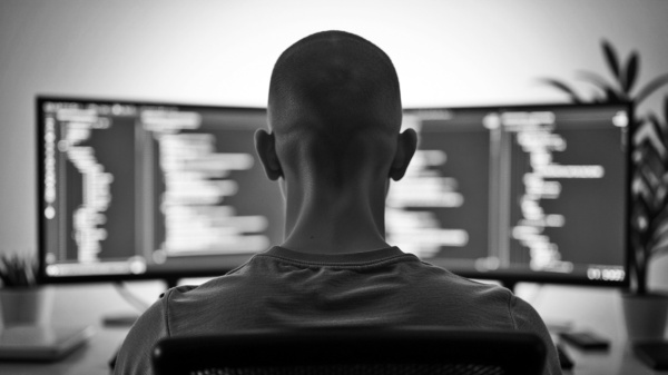 Programista z krótko ostrzyżonymi włosami, siedzący tyłem do kamery, pracujący przy komputerze z dwoma monitorami wyświetlającymi kod.