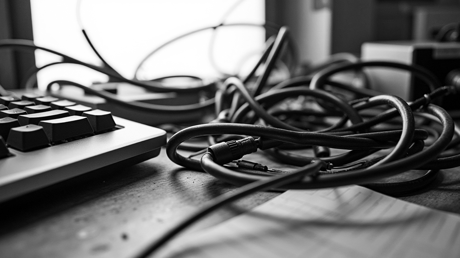 Poplątane kable leżące na biurku obok klawiatury – symboliczny obraz technologicznego chaosu.