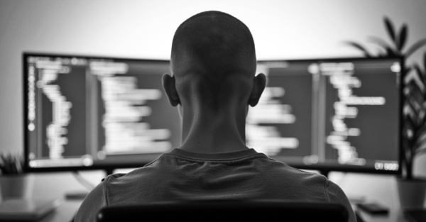 Programista z krótko ostrzyżonymi włosami, siedzący tyłem do kamery, pracujący przy komputerze z dwoma monitorami wyświetlającymi kod.