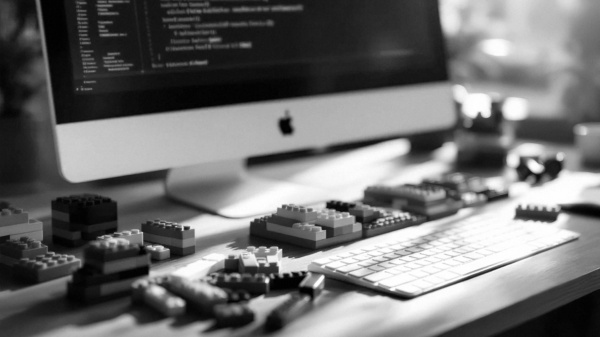 Uporządkowane klocki LEGO na biurku przed monitorem Apple z wyświetlonym kodem, klawiatura i rozmyte tło.