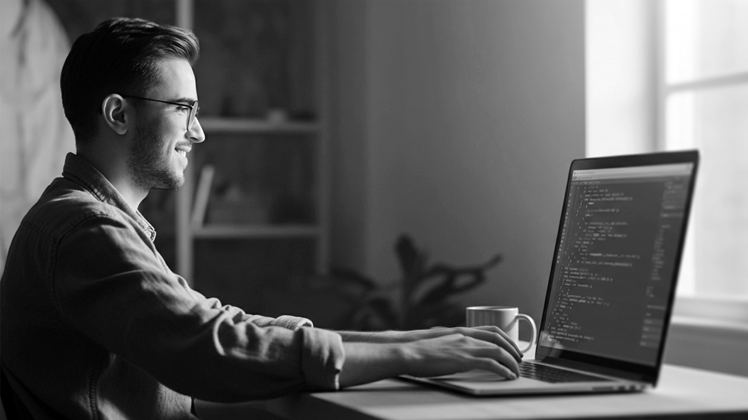 Programista pracujący przy laptopie z kodem na ekranie
