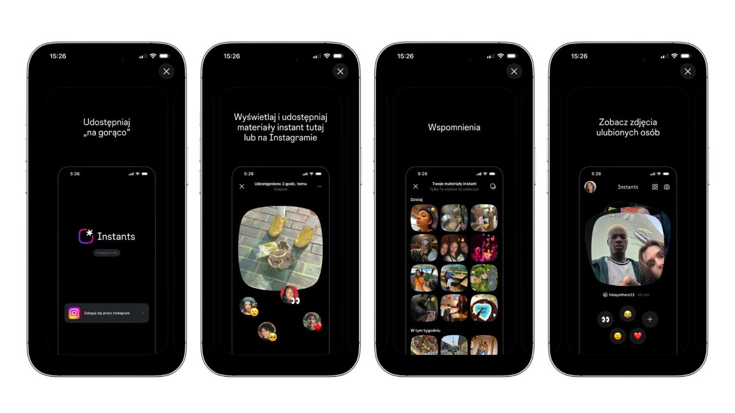 Cztery ekrany smartfona prezentujące funkcje Instagram Instants, udostępnianie zdjęć, wspomnienia oraz interakcje użytkowników w aplikacji społecznościowej.
