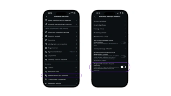 Zrzuty ekranu z aplikacji Instagram przedstawiające krok po kroku, jak włączyć opcję Ukryj materiały instant w skrzynce odbiorczej w zakładce Preferencje dotyczące materiałów.