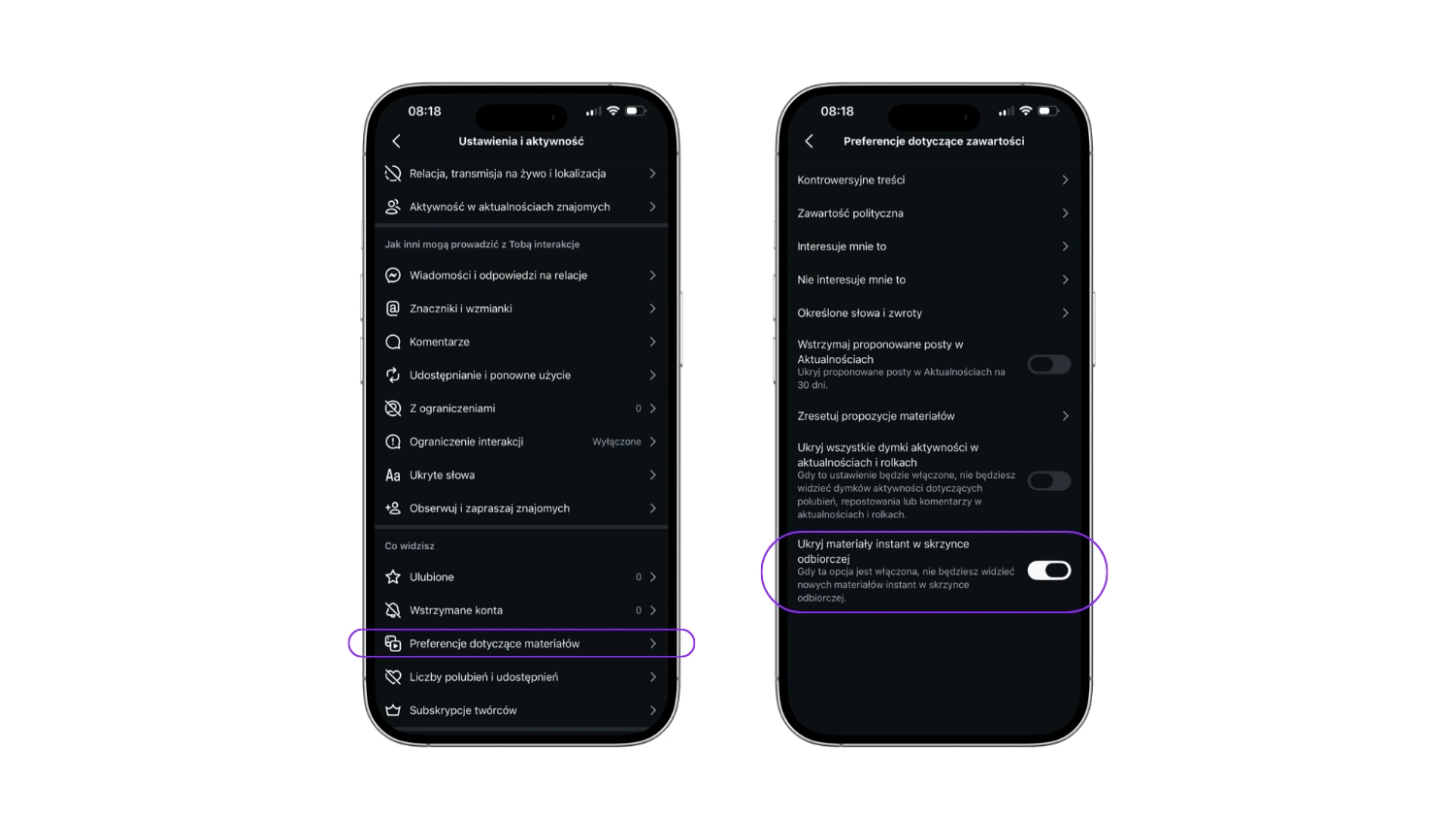 Zrzuty ekranu z aplikacji Instagram przedstawiające krok po kroku, jak włączyć opcję Ukryj materiały instant w skrzynce odbiorczej w zakładce Preferencje dotyczące materiałów.