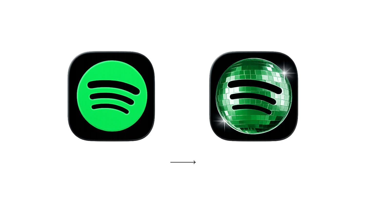 Ewolucja ikony Spotify z klasycznego zielonego logo na wersję z zieloną kulą dyskotekową.