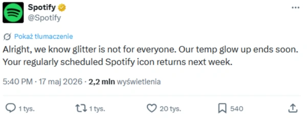 Zrzut ekranu z oficjalnego konta Spotify na platformie X. Treść posta po angielsku informuje o powrocie do klasycznej ikony aplikacji po tymczasowej zmianie na wersję z brokatem.
