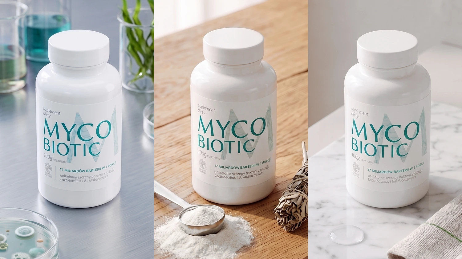 Trzy aranżacje produktowe suplementu diety Myco Biotic w białej butelce na tle laboratoryjnym, drewnianym i marmurowym.
