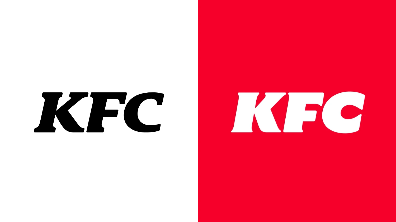 Porównanie dwóch wersji logotypu KFC umieszczonych obok siebie: czarny napis KFC na białym tle po lewej stronie oraz biały napis KFC na czerwonym tle po prawej stronie.
