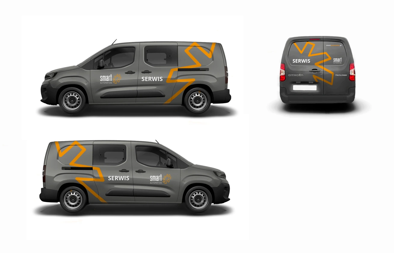 Projekt oklejenia szarego samochodu dostawczego Citroen Berlingo z logo Smart Automation i pomarańczowym motywem serwisowym.