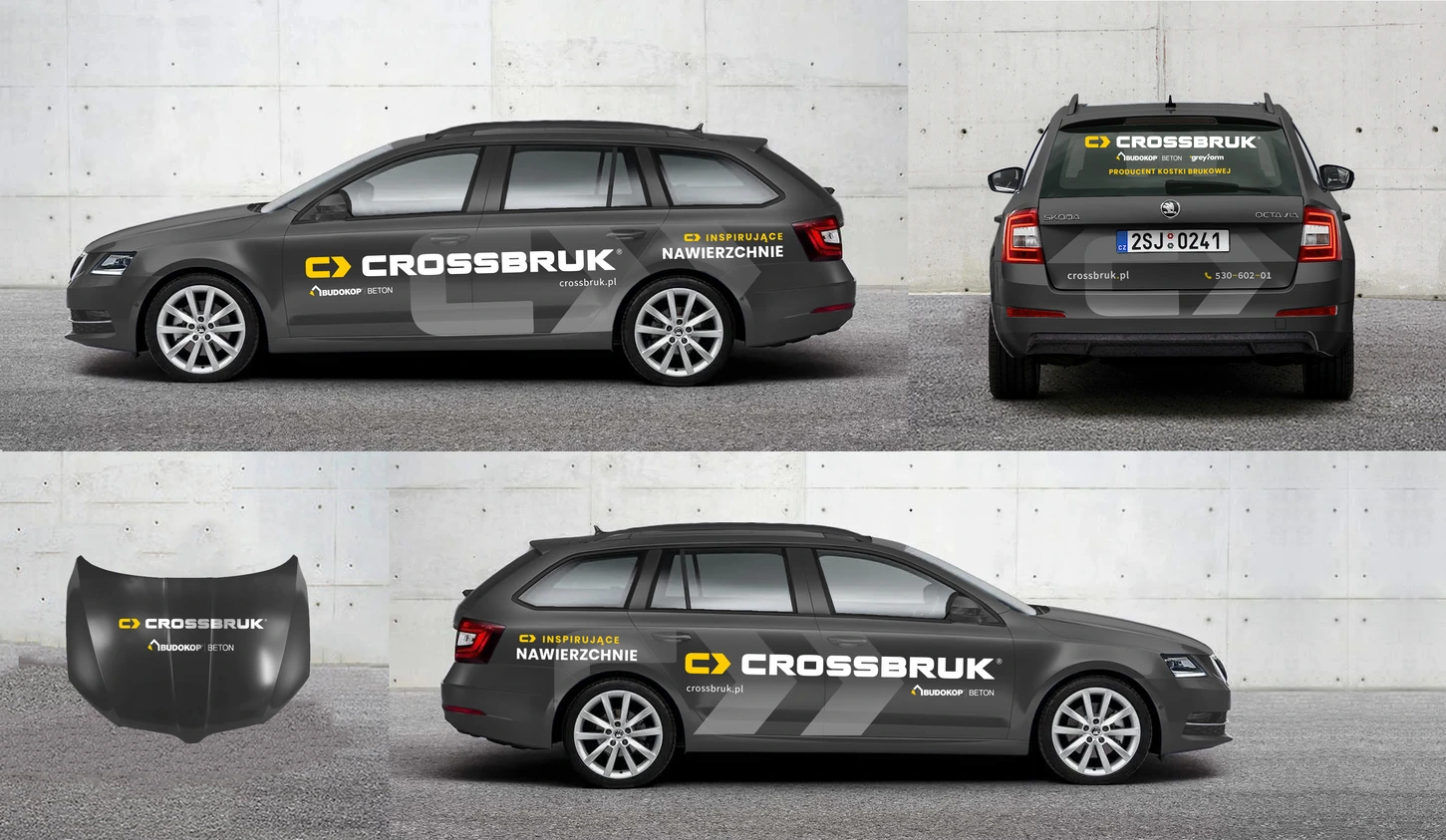 Wizualizacja reklamowego oklejenia ciemnoszarej Skody Octavia kombi dla firmy Crossbruk, zawierająca logo, hasło „Inspirujące nawierzchnie” oraz projekt maski i tyłu auta.