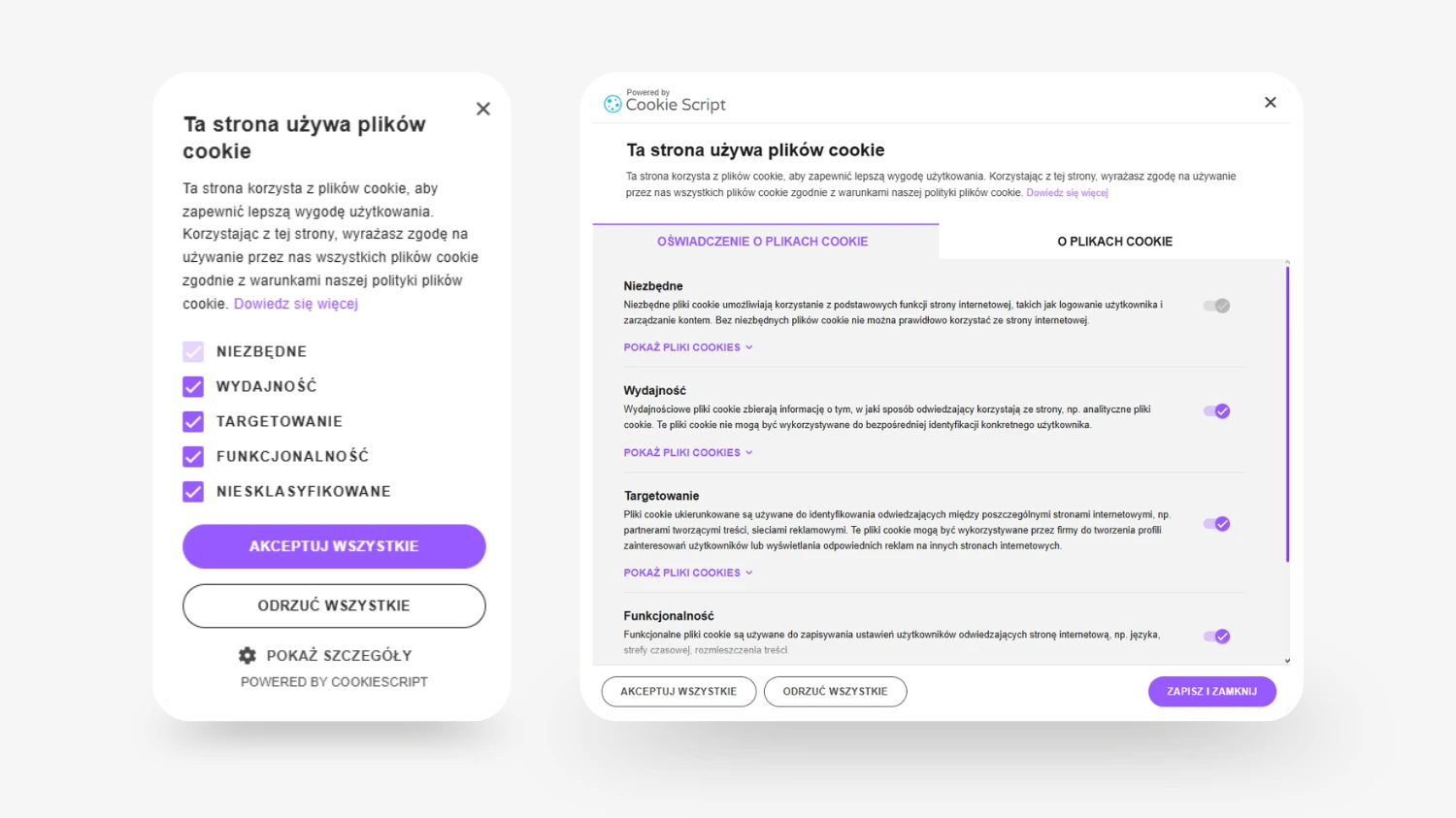 Zestawienie dwóch okien banera cookies CookieScript pokazujące zgody na pliki cookie oraz panel szczegółowych ustawień