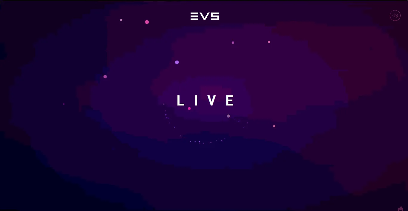 Ciemny animowany ekran startowy strony internetowej EVS LIVE z fioletową kosmiczną przestrzenią i cząsteczkami