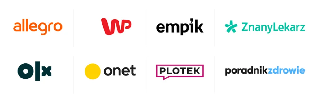 Zestawienie logotypów popularnych polskich portali i serwisów internetowych: Allegro, WP, Empik, ZnanyLekarz, OLX, Onet, Plotek oraz Poradnik Zdrowie.