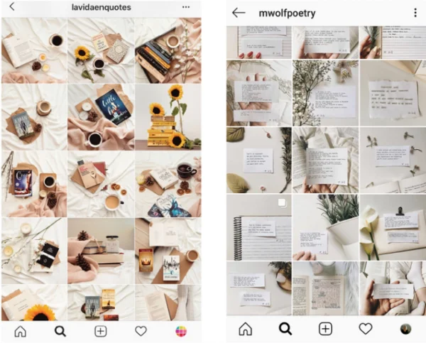 Porównanie dwóch estetycznych profili na Instagramie: @lavidaenquotes z ciepłymi zdjęciami książek i słoneczników oraz @mwolfpoetry z minimalistycznymi kadrami poezji.
