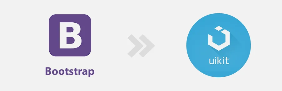 Porównanie frameworków CSS z fioletowym logo Bootstrap oraz niebieskim logo UIKit połączonymi strzałką
