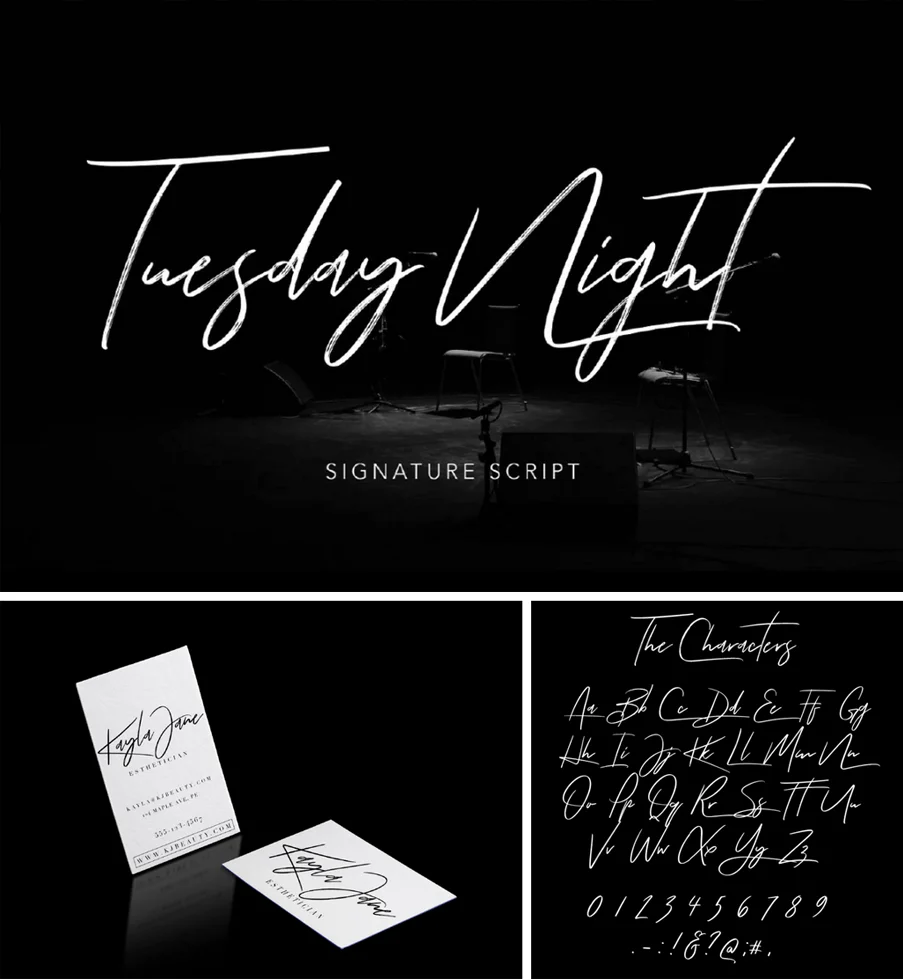 Elegancka, ręcznie pisana czcionka Tuesday Night Signature Script na czarnym tle z makietą wizytówki