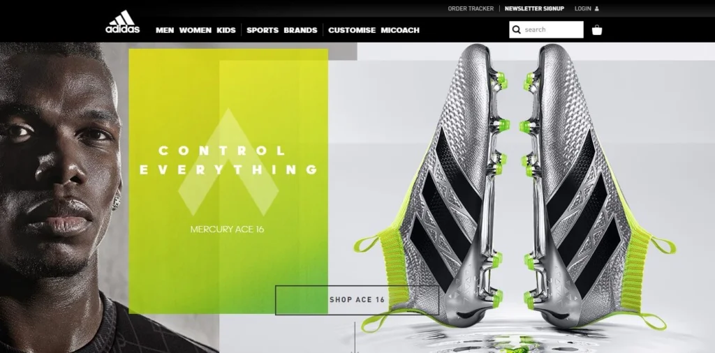 Baner reklamowy butów piłkarskich Adidas Mercury Ace 16 ze srebrno-zielonymi korkami i twarzą piłkarza
