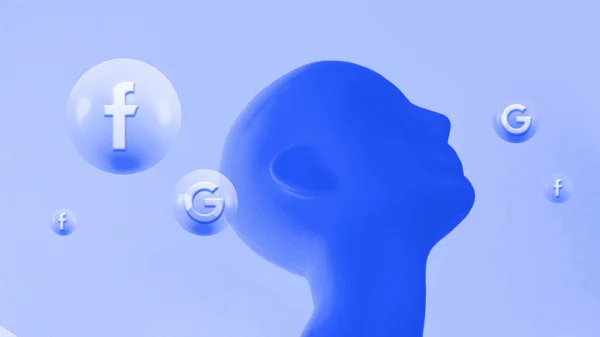 głowa postaci, w tle bański z ikonami facebooka i google