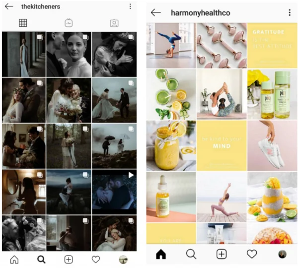 Przykłady spójnej siatki zdjęć na Instagramie: czarno-biały, reportażowy profil fotografii ślubnej @thekitcheners oraz jasny, pastelowy profil wellness @harmonyhealthco.