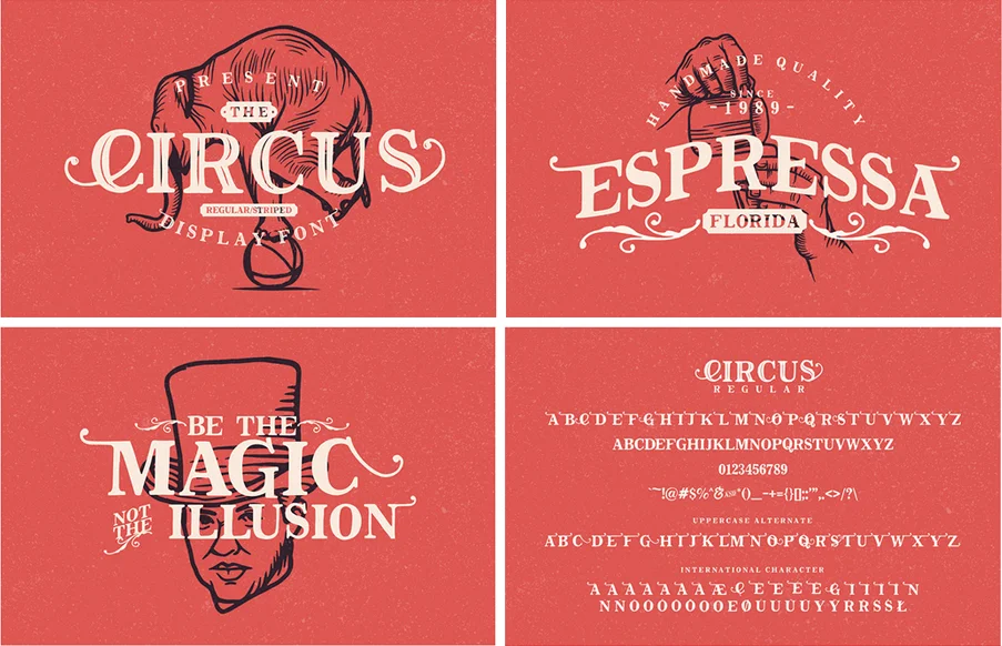 Ozdobne czcionki w stylu vintage Circus oraz Espressa na czerwonym, teksturowanym tle