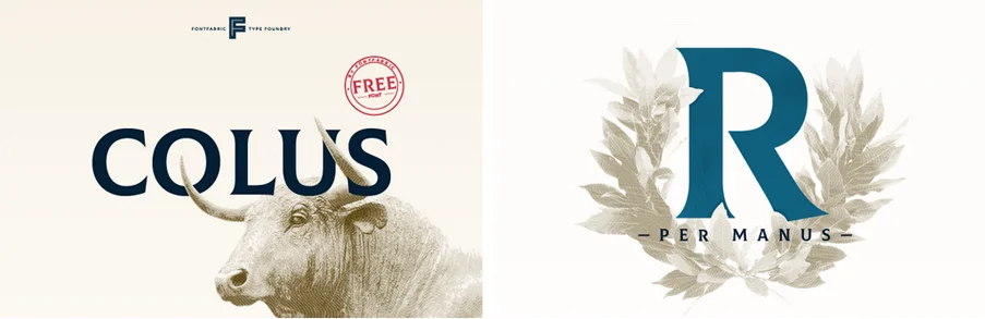 Elegancki krój pisma szeryfowego Colus z ilustracją głowy byka oraz literą R w wieńcu laurowym