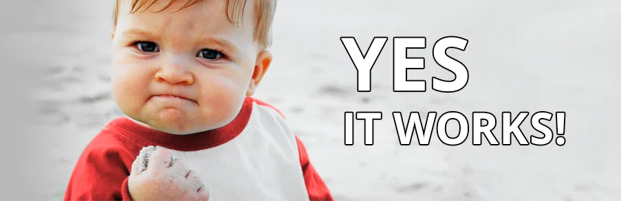 Znany mem Success Kid przedstawiający dziecko z zaciśniętą dłonią na plaży oraz motywacyjny napis „YES IT WORKS!”
