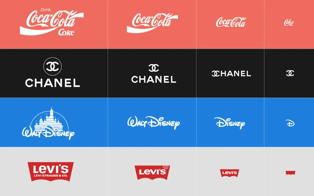 Przykłady responsywnych logo znanych marek Coca-Cola, Chanel, Disney i Levi's w różnych rozmiarach