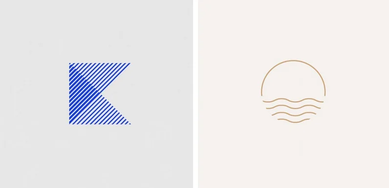 Dwa minimalistyczne symbole graficzne – niebieska litera K z ukośnych linii oraz złote słońce nad falami