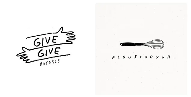 Ręcznie rysowane logo Give Give Records z motywem dłoni oraz Flour + Dough z ilustracją trzepaczki