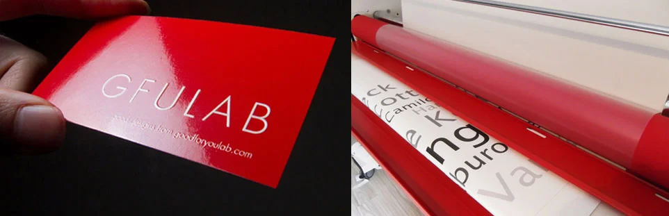 Czerwona wizytówka z powłoką z lakieru błyszczącego UV oraz proces foliowania papieru na maszynie w drukarni