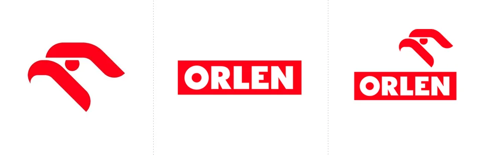 Struktura logo marki Orlen pokazująca czerwony sygnet w kształcie głowy orła, logotyp oraz pełne zestawienie obu elementów