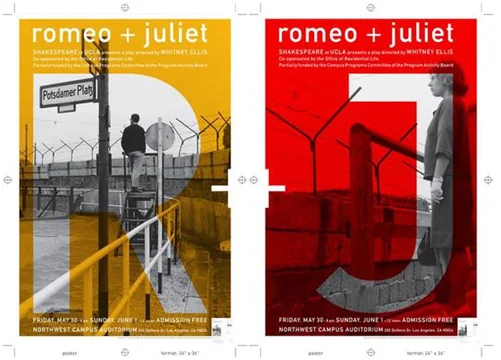 Dwa minimalistyczne plakaty do spektaklu Romeo i Julia z dominującymi literami R oraz J na żółtym i czerwonym tle ze zdjęciami.