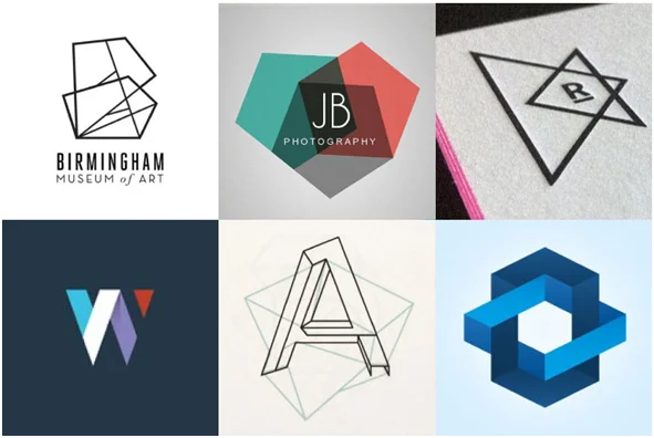 Zbiór sześciu minimalistycznych, geometrycznych logotypów wykorzystujących linie, formy przestrzenne oraz inicjały.